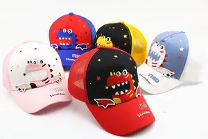 Multiple colorful mesh trucker hats for kids featuring 3D dinosaur embroidery and mesh back