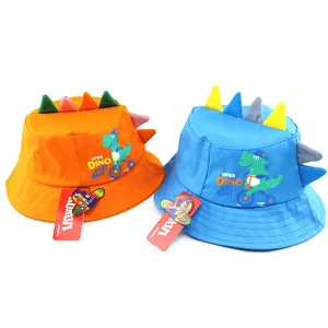 Kids cotton sun bucket hats with 3D dinosaur spikes in blue and orange colors