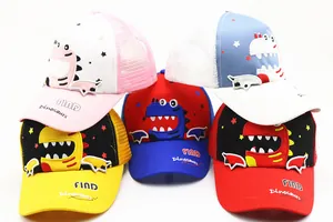 Detailed display of assorted breathable mesh baseball caps with dinosaur embroidery for kids