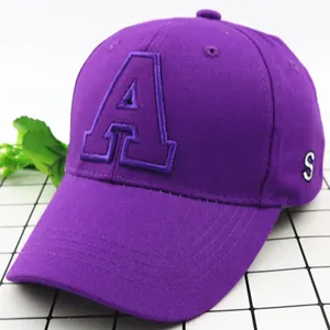 Deep purple kids cotton baseball cap with bold letter A embroidery and a curved brim
