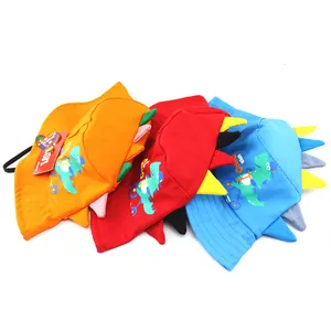 Kids colorful cartoon dinosaur sun hats in orange, red and blue with protective wind rope
