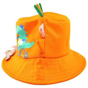 Kids orange bucket hat with cartoon dinosaur and 3D colorful fabric spikes for sun protection