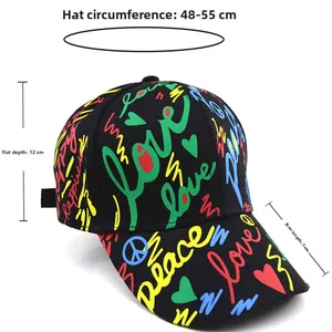 Kids black baseball cap with colorful graffiti print and size dimensions 48-55cm circumference
