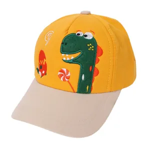 Casquette de baseball enfant en coton jaune et beige avec broderie dinosaure dessin animé
