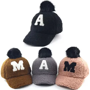 Kids Winter Sherpa Fleece Baseball Cap With Pom Pom Letter A M Embroidery Warm Plush Peaked Hat For Boys Girls