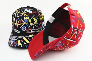 Detail of colorful graffiti print and 100% cotton wash label on the adjustable baseball cap