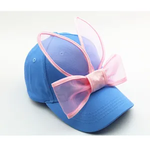 Casquette de baseball bleue enfant avec oreilles de lapin roses et nœud, chapeau de soleil