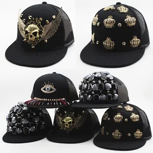 Kids Punk Hip Hop Baseball Cap Mesh Trucker Hat With Metal Skull Wings Crown Rhinestone Studded Flat Brim Streetwear Sun Hat