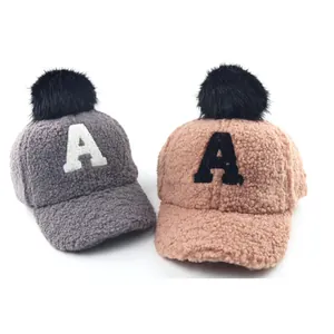 Winter sherpa baseball cap with fuzzy pompom and letter A embroidery for kids