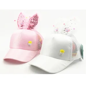 Cute kids rabbit ears mesh baseball cap with cartoon potato patch and glitter sequins