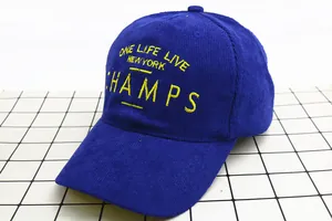 Détail d'une casquette enfant en velours côtelé bleu roi avec broderie New York Champs