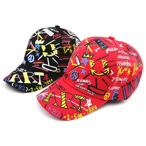 Kids graffiti baseball cap with street art print and curved brim in black and red colors