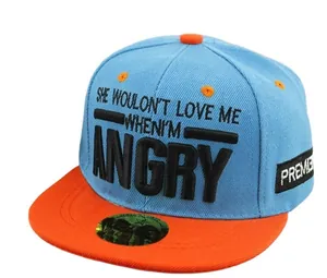 Sky blue and orange kids baseball cap with ANGRY embroidery and flat brim