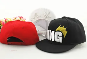 Kids KING embroidered snapback baseball hats in black, red, and white for outdoor sun shade