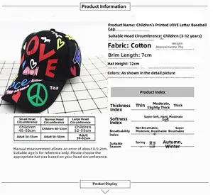 Tabella taglie dettagliata per cappellino LOVE bimbi con circonferenza testa e tessuto