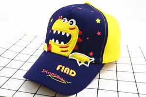 Detailed embroidery of a cartoon dinosaur and red stars on a child's baseball cap