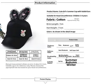 Detailed size chart and specifications for children's rabbit ear summer mesh baseball cap