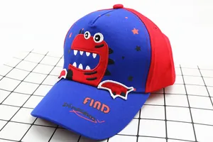 Close-up of red dinosaur embroidery and FIND Dinosaurs text on navy kids baseball cap