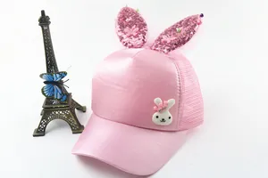 Pink girl's sun hat featuring sequined bunny ears and breathable mesh back design