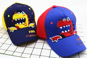 Detailed embroidery of cartoon dinosaurs on cotton baseball caps for kids and toddlers
