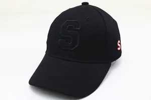 Detail of black cotton baseball cap with 3D letter S embroidery and structured stitching
