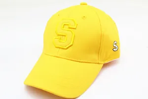 Close-up of vibrant yellow cotton baseball cap featuring high-quality 3D letter S embroidery