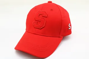 Detailed close-up of red cotton baseball cap featuring high-quality 3D letter S embroidery