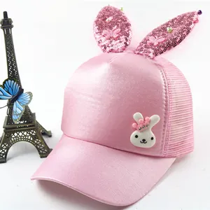 Cute Kids Rabbit Ears Baseball Cap Sequin Artificial Pearl Decorated Satin Sun Hat For Toddler Girls Breathable Mesh Outdoor Hat