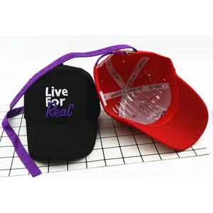 Kids hip hop baseball caps in black and red with 3D letter embroidery and long ribbons