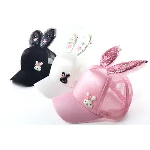 Kids breathable mesh sun caps with sequin bunny ears in black white and pink colors
