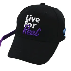 Kids black baseball cap with Live For Real embroidery and purple adjustable strap