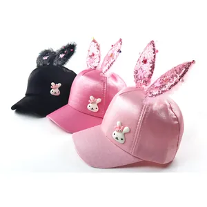 Cute girls summer baseball caps with sequin bunny ears and crown rabbit patch