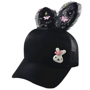 Cute black mesh sun hat for girls with rabbit ears, sequins, pearls, and a crown bunny icon