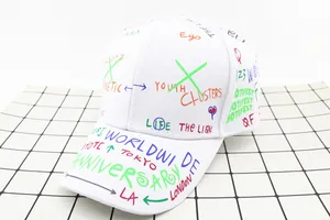 Detail of white cotton baseball cap with colorful street style graffiti and city names