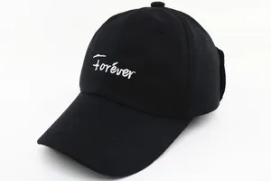 Detail of the high-quality white Forever embroidery on this black cotton baseball cap