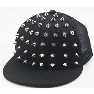 Kids black snapback baseball cap with silver metal studs and breathable mesh back