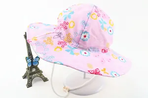 Close-up of pink floral sun hat with wide brim and adjustable white windproof drawstring