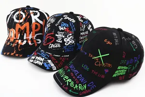 Detailed view of kids graffiti baseball caps with colorful London and Tokyo city prints