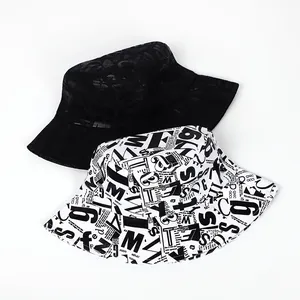 Chapeau Bob Vintage Imprimé Lettres Journal Pour Hommes Femmes Décontracté Mélange de Coton Hip Hop Streetwear Soleil