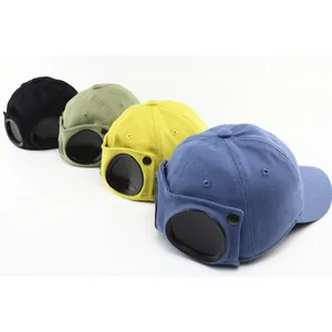 Kids pilot baseball cap with goggles design in black, green, yellow and blue colors