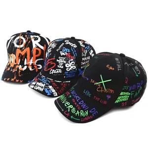 Kids black baseball caps with colorful street graffiti print and curved brims