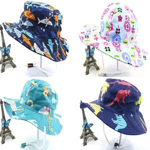 Kids Cartoon Printed Cotton Bucket Hat With Adjustable Windproof Rope Outdoor Summer Sunshade Beach Sun Hat For Boys Girls
