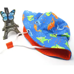 Kids wide brim sun hat with shark pattern, blue and orange reversible bucket hat for beach