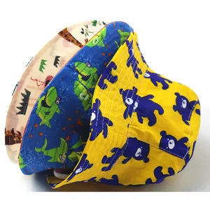 Kids wide brim cotton sun hats featuring cute bear and shark cartoon prints