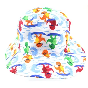 Kids wide brim sun hat with colorful cartoon dinosaur prints for summer outdoor protection