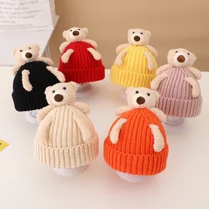Chic knit infant beanies set with cute plush bears in six vibrant assorted colors