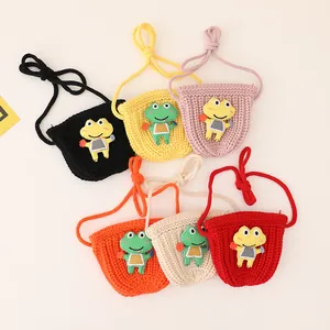 Set of six cute cartoon frog knitted crossbody bags for kids in vibrant multi-colors