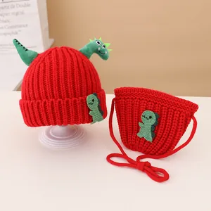 Kids red knit beanie and matching bag set with green 3D cartoon dinosaur designs