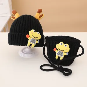 Kids black knit beanie and bag set with yellow antlers and cute cartoon frog character