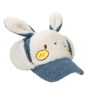 Kids winter plush trapper baseball hat with cute rabbit ears and warm earflaps in blue